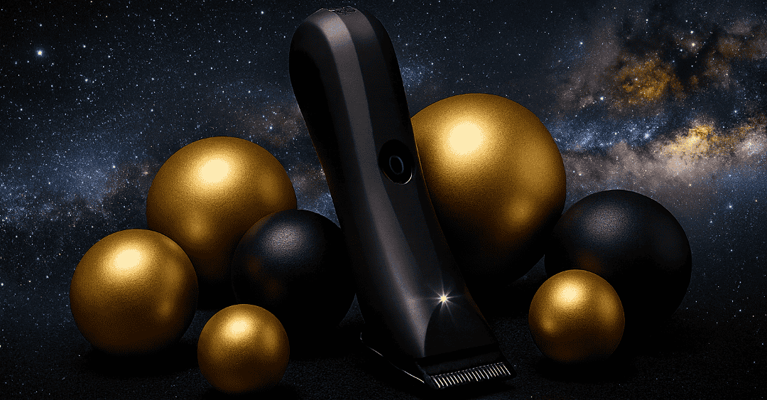 Black hair clipper with gold and black spherical objects against a starry space background