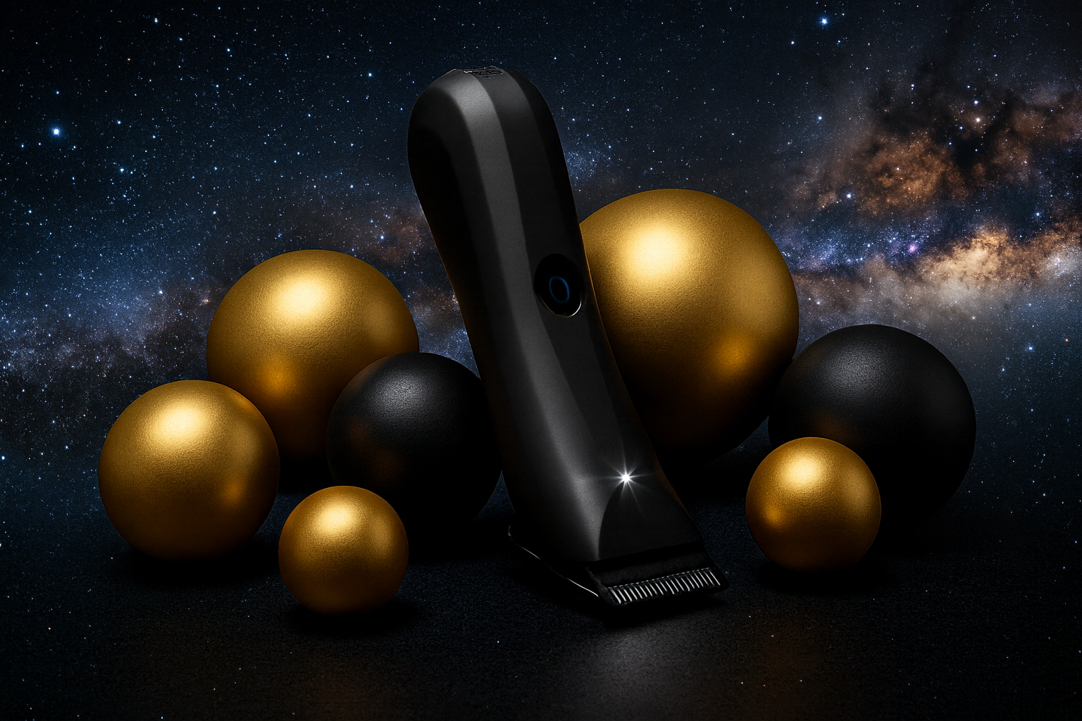 Black hair clipper with gold and black spherical objects against a starry space background