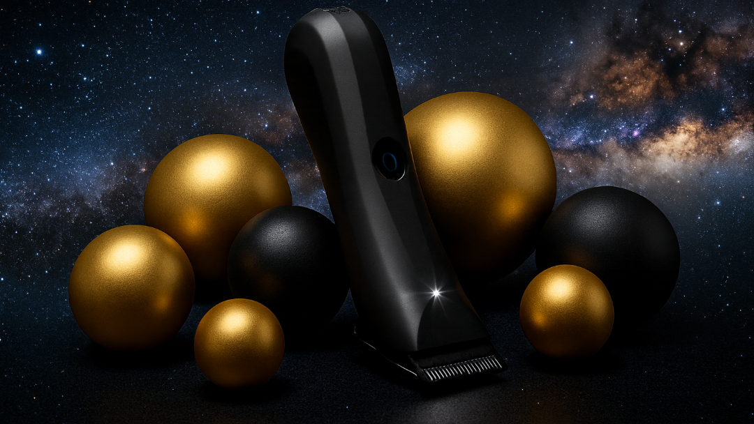 Black hair clipper with gold and black spherical objects against a starry space background
